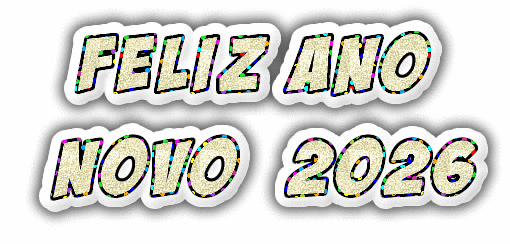 Gif animado brilhante com texto FELIZ ANO NOVO 2026 em ouro cintilante.