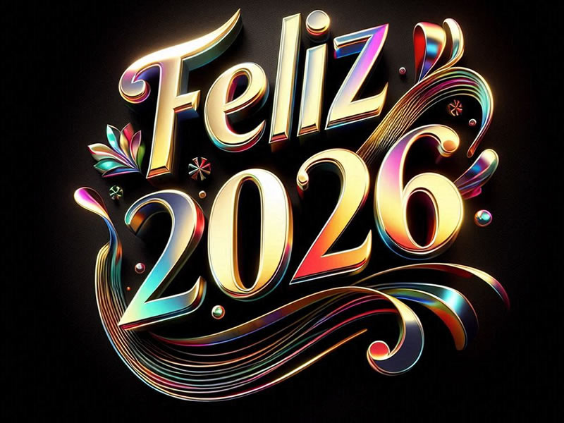 imagem 3D com texto quadrado HAPPY 2026 colorido tipo de metal