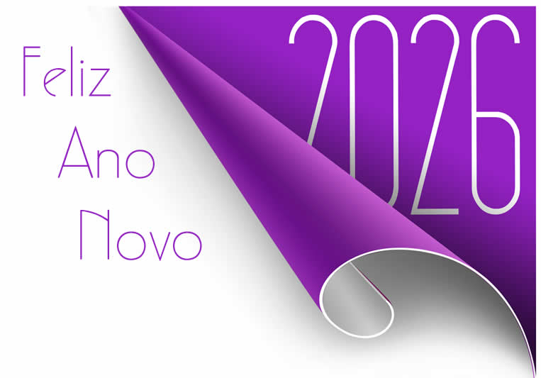 Imagem com o texto Feliz Ano Novo 2026 com a página virando