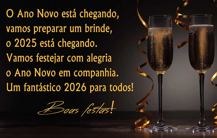 Imagem elegante em fundo preto, com taças cheias de champanhe para celebrar a chegada do ano novo com o texto dos cumprimentos de ano novo