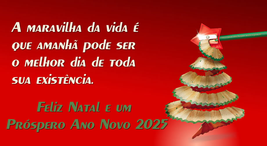 Imagem com um apontador em forma de estrela que aponta um lápis que forma uma árvore de Natal e texto de saudação: