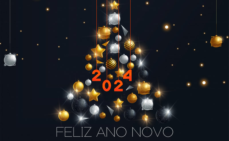 Imagem elegante com árvore de Natal decorada com muitas bolas decorativas e douradas com o número 2025
