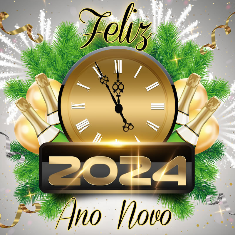 Imagem elegante com um relógio que marca meia-noite e garrafas de espumante prontas para brindar o ano novo