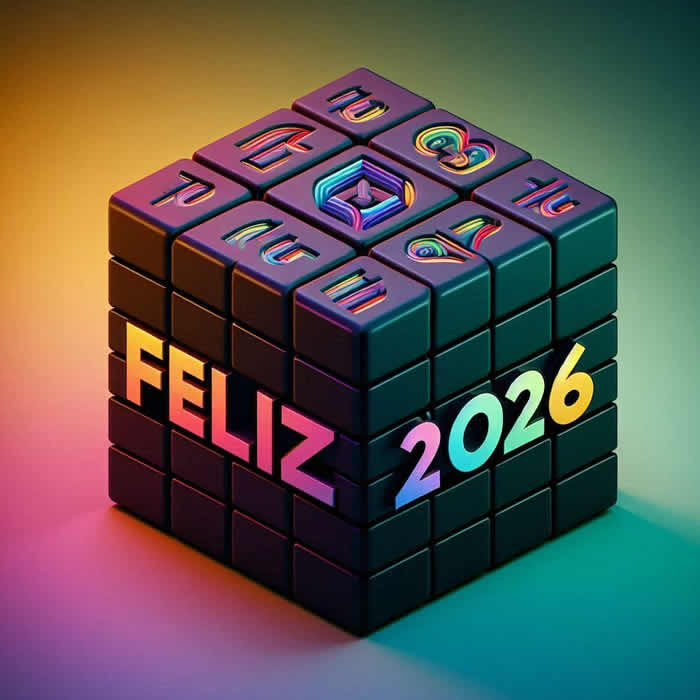 Imagem de um cubo composto pelas palavras Feliz Ano Novo 2026