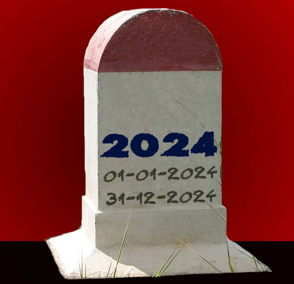 imagem com lápide e escrita 2024 com data de nascimento 01-01-202 e falecimento 31-12-2024, com máscara suspensa e desenho de coronavírus, evento que marcou este ano