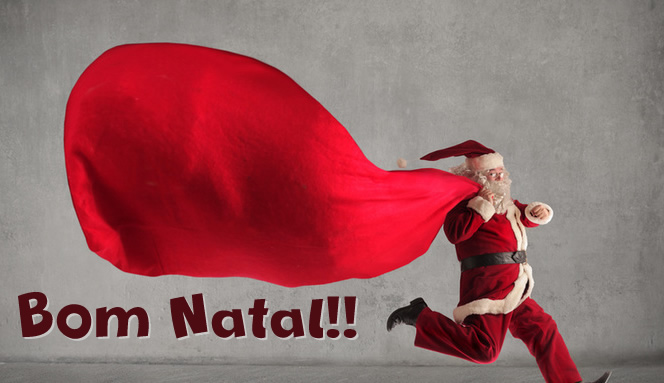 Imagem do Papai Noel correndo com uma bolsa enorme para carregar presentes
