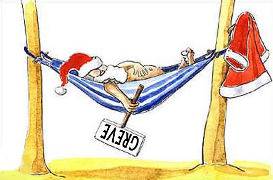 cartoon com o Papai Noel na rede e uma placa que diz: greve