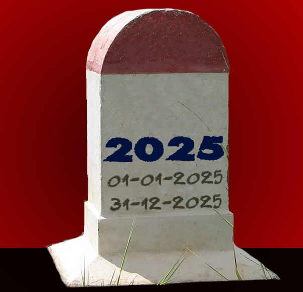imagem com lápide e escrita 2025 com data de nascimento 01-01-202 e falecimento 31-12-2025, com máscara suspensa e desenho de coronavírus, evento que marcou este ano