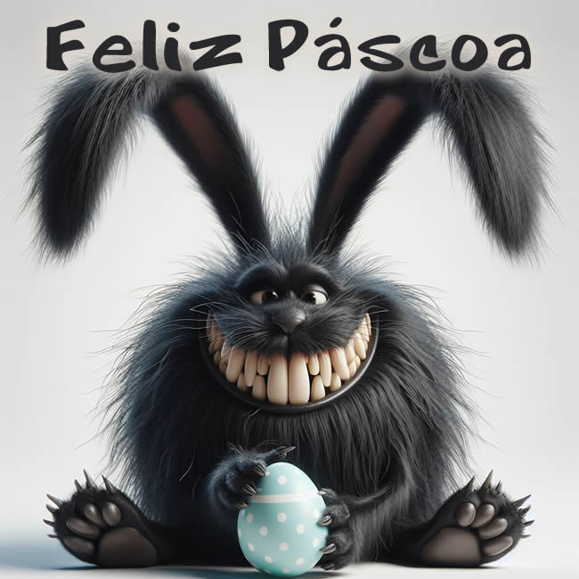 Imagem humorística com um coelho com dentição e orelhas compridas desejando uma Feliz Páscoa